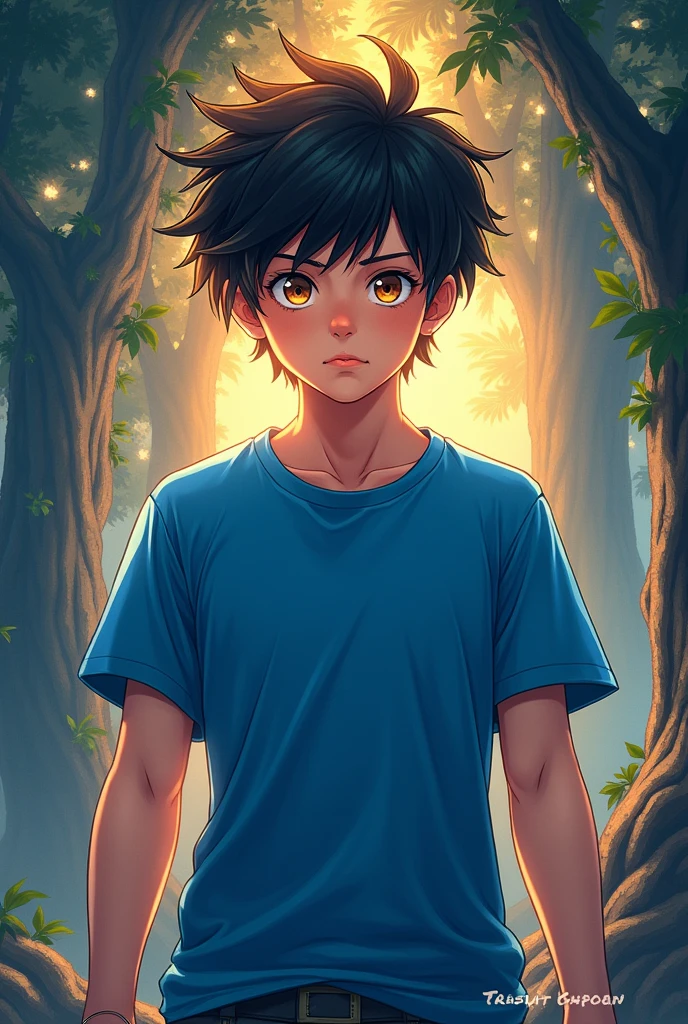 cover of a fantasy book:
In the center a Paraguayan Percy Jackson: the two honey-colored eyes. blue t-shirt. black hair. anime style.