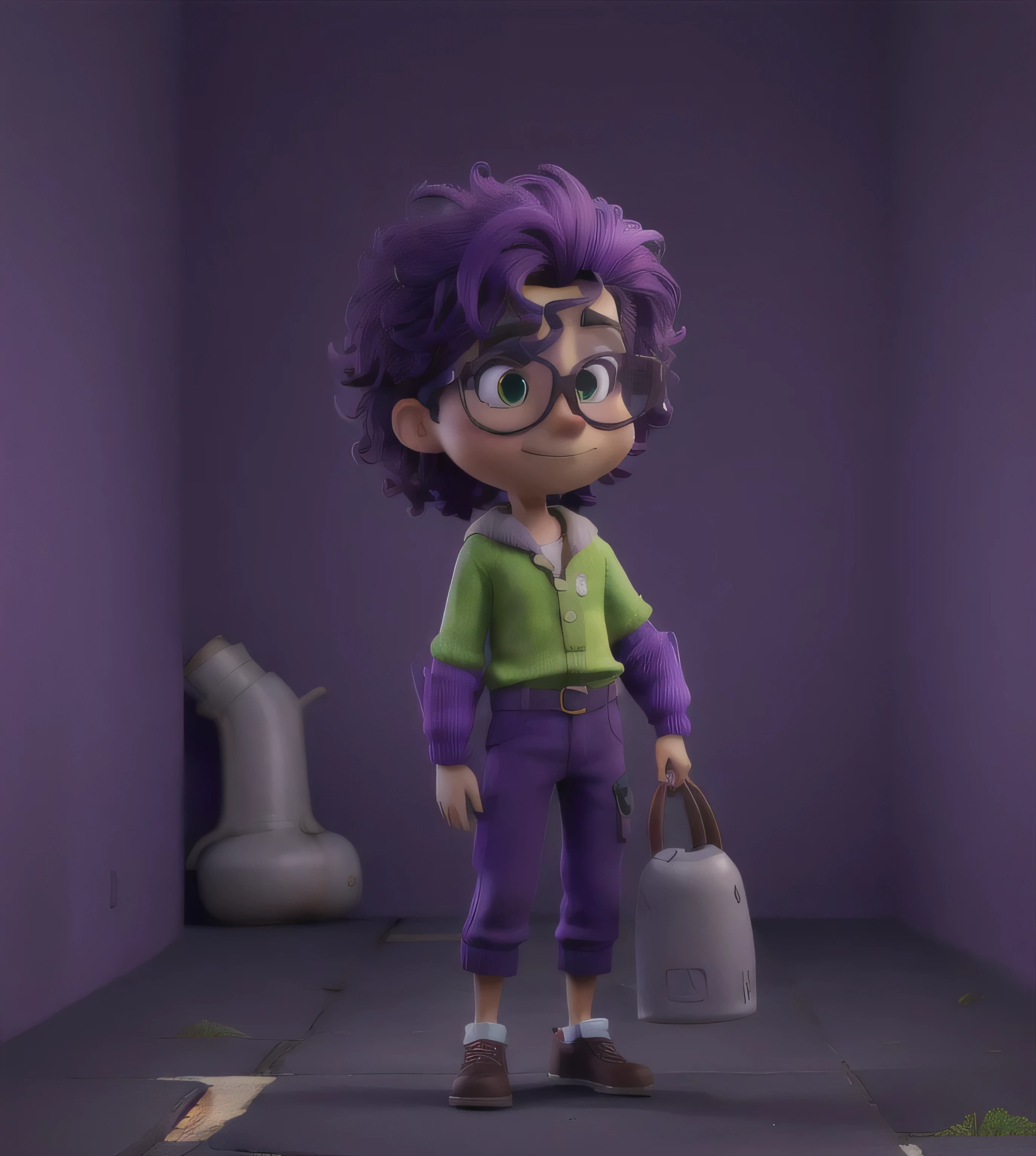 cabelo roxo, purple outfit, wearing glasses, no pissing style, with green background, 4K, ONLY HALF THE BODY