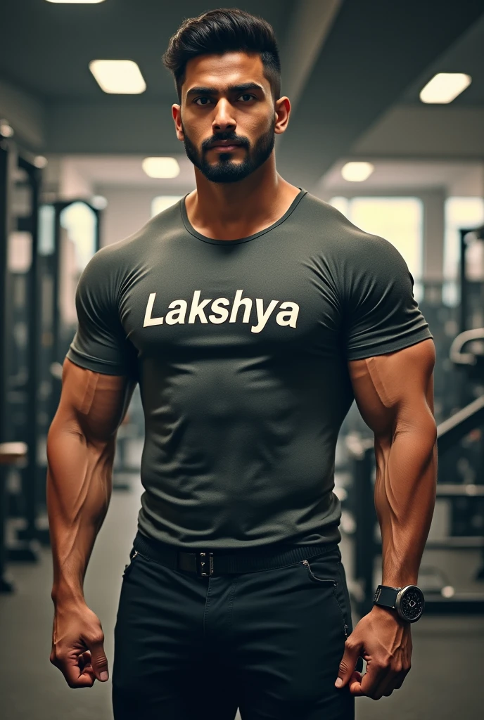 a hot  fair skinned indian man who's muscled and has a shirt with text lakshya with gym background 