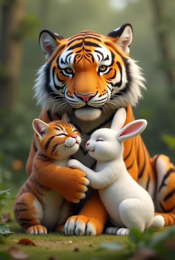 in the green ground brown cat and white rabbit hug big tiger ai image