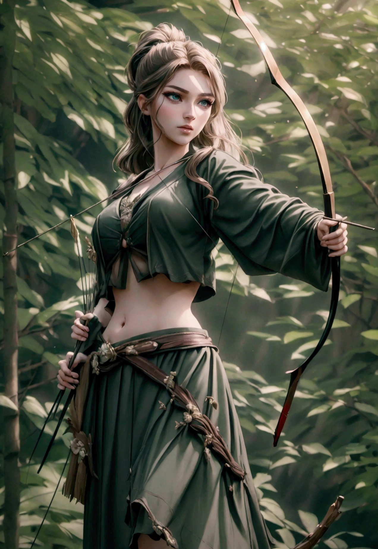 a beautiful young girl in a crop top shirt, holding a bow and arrow, outdoor archery scene, (best quality,4k,8k,highres,masterpiece:1.2),ultra-detailed,(realistic,photorealistic,photo-realistic:1.37),HDR,UHD,studio lighting,extremely detailed face and eyes,beautiful detailed lips,longeyelashes,slender figure,graceful pose,lush green forest background,sunlight filtering through the trees,vivid colors,dramatic lighting,cinematic composition