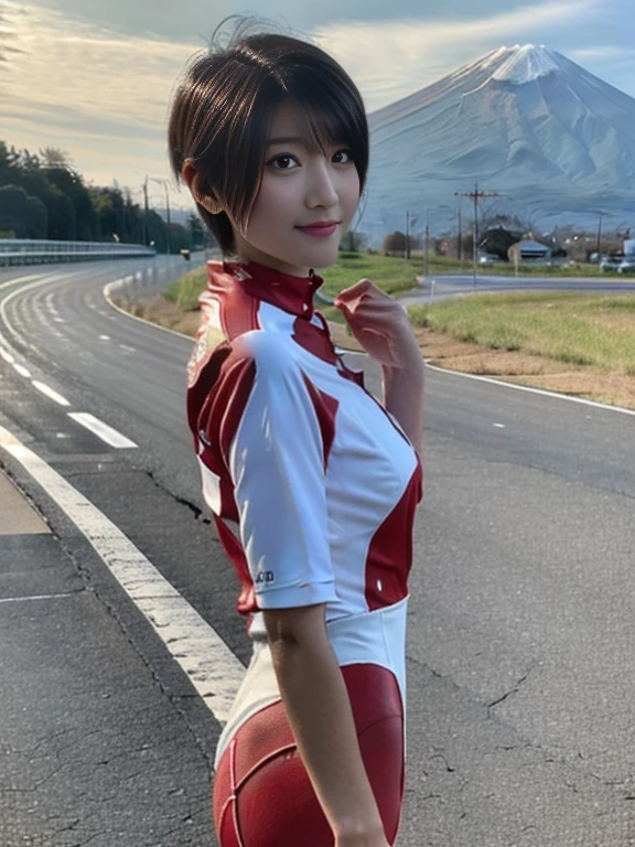 20 year old Japanese beauty，One Woman、Muscular body like a bodybuilder、Accentuate your breasts、Long, narrow eyes、Full body image up to the toes，Bust is very very large、Mt. Fuji in the background、High quality photos、clear, Clear image of the lower body、Masterpiece 8k、smile、from the front, From the side, From the back, wait.々What camera angle to shoot from、Glossy satin outfit、Clothing that covers the whole body、Wearing a road bike racing suit、Ride a road bike