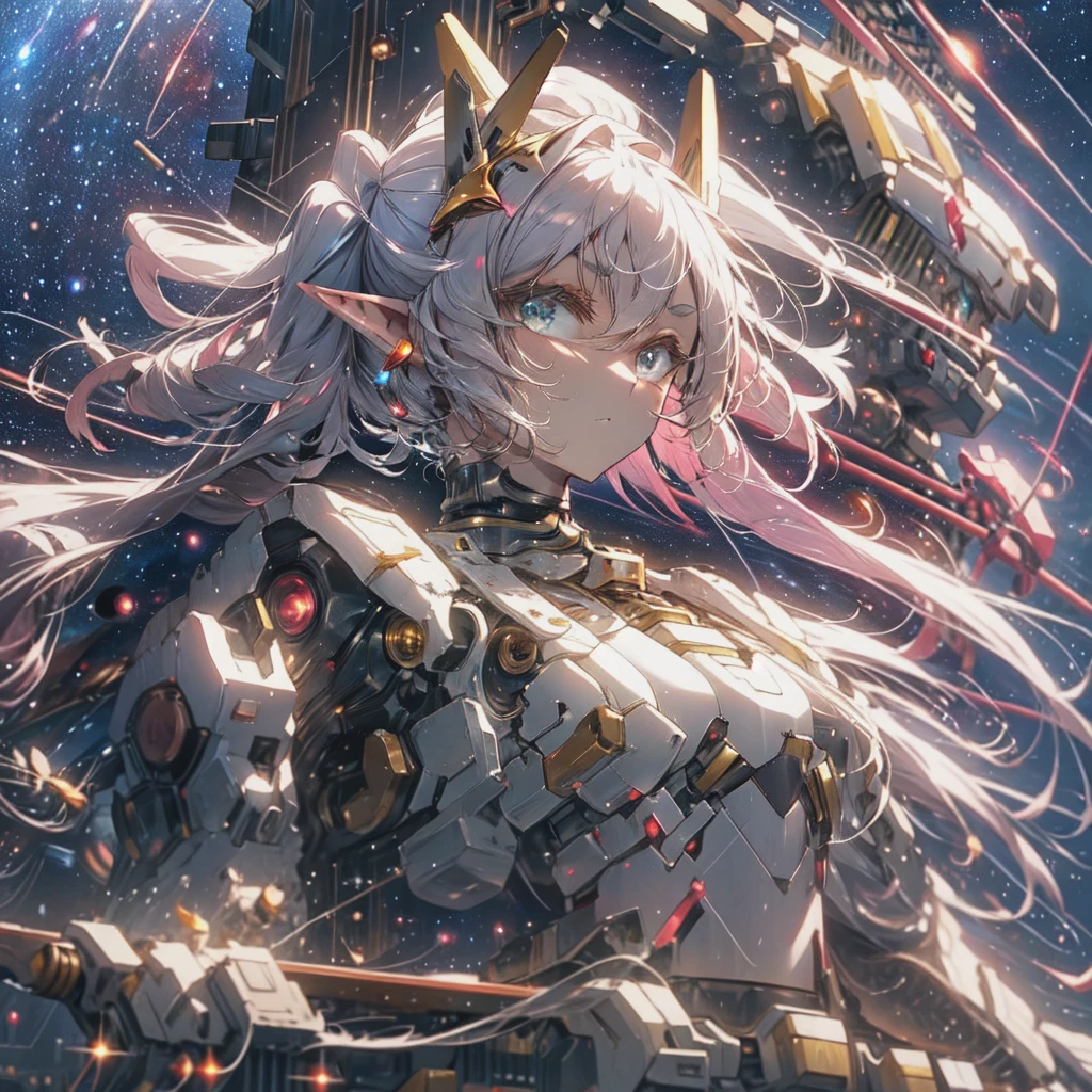 masterpiece,best quality,1girl,aafrie,[green eyes|blue eyes],long hair, white hair,twintails,pointy ears,thick eyebrows,flat chest,(chest armor),mecha musume,white theme,bodysuit,fortified suit,mechanical parts,robot joints,headgear,full armor,expressionless,looking at viewer,action pose,outer space,science fiction,