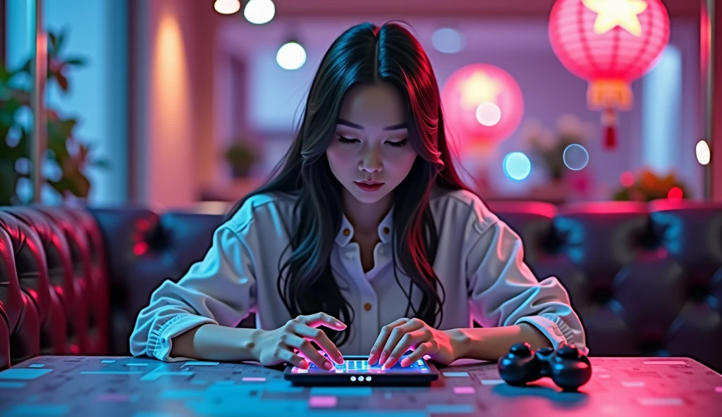 A beautiful Chinese girl is playing mobile game on a table decorated in gaming style