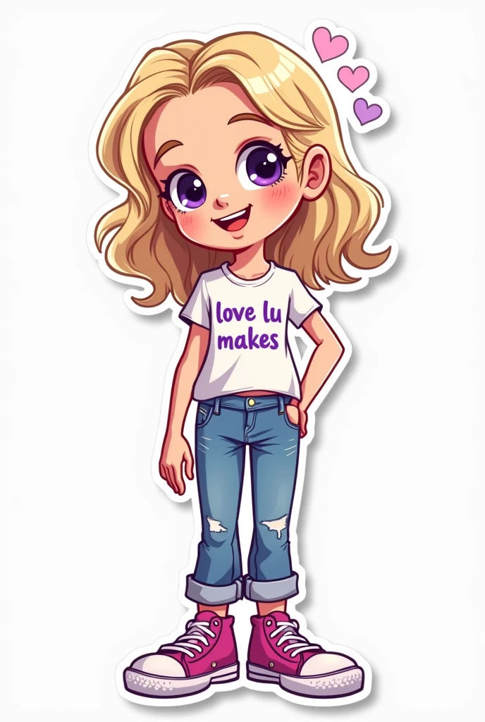 Cartoon sticker of a tall teenage girl with light blonde hair and purple highlights smiling and wearing a white blouse with the words Love Lu makes in purple