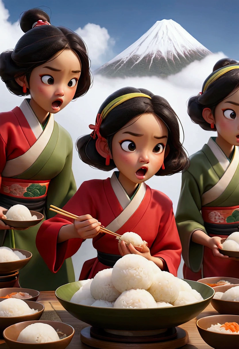 Numerous girls eating rice balls, mountains in a sea of clouds