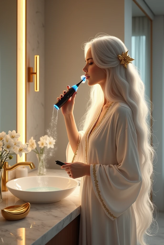 Imagine a goddess standing in a modern bathroom, brushing her teeth. She has an ethereal beauty, with long, flowing hair that cascades down her back like a waterfall of shimmering silver. Her skin has a soft, golden glow that illuminates the room with a warm, divine light. She stands in front of a large, elegant mirror with a simple white sink below, surrounded by marble countertops and gold accents that reflect her regal nature.
The goddess is dressed in a casual, comfortable robe made of soft, white fabric with subtle gold embroidery along the edges, hinting at her celestial status. The robe is loosely tied around her waist, revealing a glimpse of a delicate silk nightgown underneath. Her hair is slightly tousled, as if she has just woken up, giving her a relaxed and natural look.
In one hand, she holds a modern electric toothbrush with a sleek design, brushing her teeth with a thoughtful expression. Her other hand rests on the edge of the sink. A glowing, celestial blue toothpaste with tiny sparkling flecks—reminiscent of stardust—foams slightly in her mouth as she brushes, adding a magical touch to this mundane task.
The bathroom around her is a blend of modern luxury and divine elegance, with soft, ambient lighting casting a gentle glow. Small, decorative elements, like a vase of fresh white lilies and a golden soap dish shaped like a crescent moon, accent the space, reflecting her divine heritage.
Despite the simplicity of the moment, her presence radiates an aura of calm and tranquility, and a faint, soft glow seems to emanate from her, turning an ordinary morning routine into a scene of serene beauty and grace.