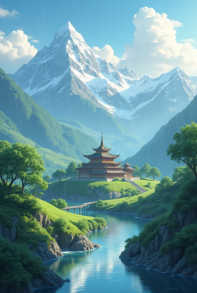 Earth roundshape,river,temple,mountain, raining,cloud