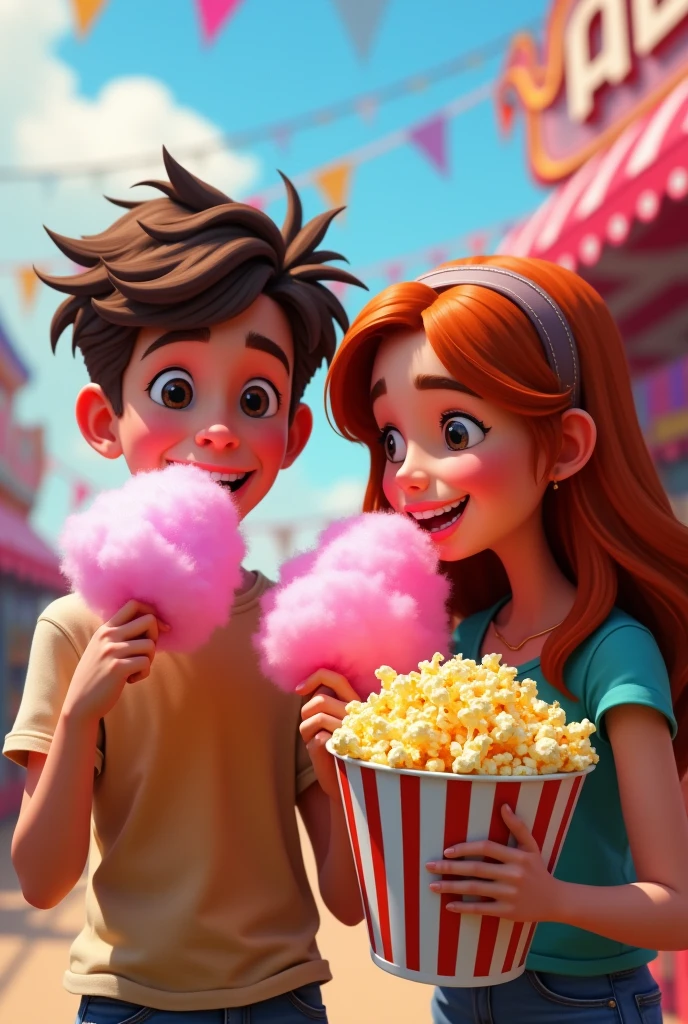 Pixar teenage boy eating cotton candy and teenage girl eating popcorn at an amusement park, with a sign in the background that says SPLASH