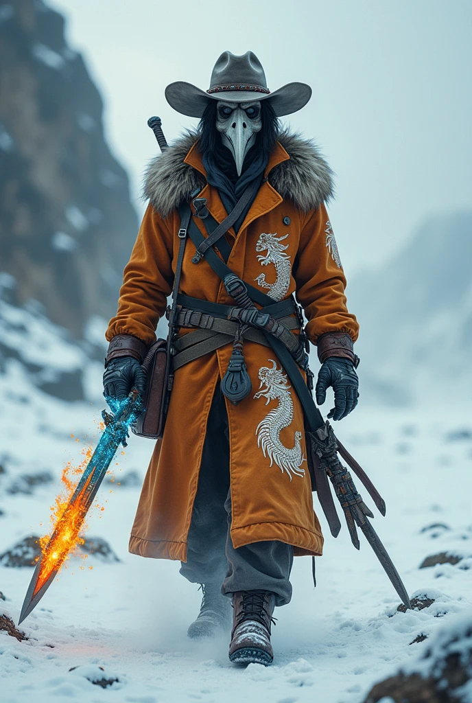 Hunter in an Arctic desert, with a long sword of fire and ice (the same sword, has both powers). He wears a plague mask (those masks with a huge beak) and white dragon details on the outfit, besides a cowboy hat (not very wide). Despite being in an arctic environment, the colors of your clothes are warm, like brown, doradas, bronze e etc.