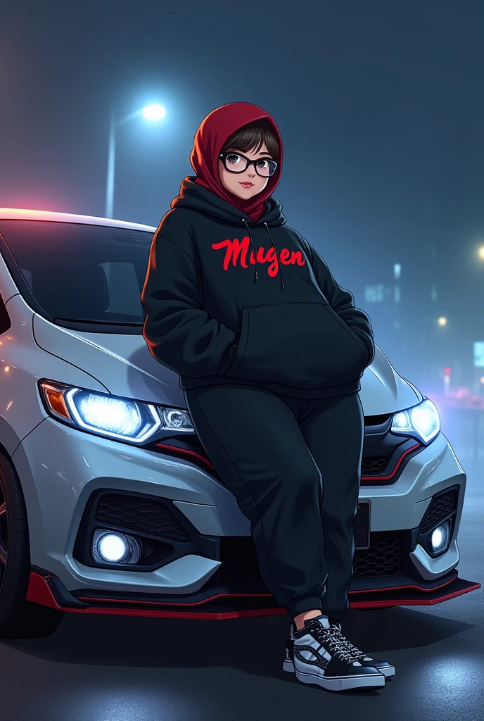 anime large fat chubby girl with glasses, dark red hijab, black hoodie with mugen word in red, black jogger pants, hi-cut black white vans shoes, leaning on sporty modified silver honda jazz gk5 rs 2018 model at night foggy weather