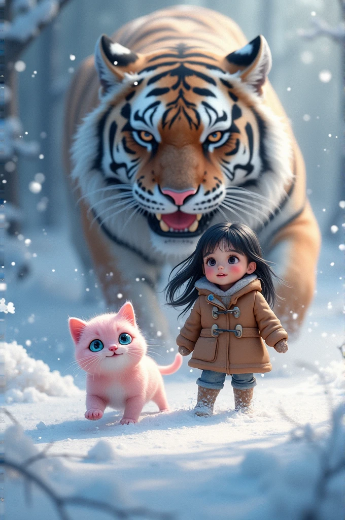 A light pink-furred cat with piercing blue eyes playing in the snow, A young girl with black hair, her brown coat flapping in the icy wind. And tiger roar on them