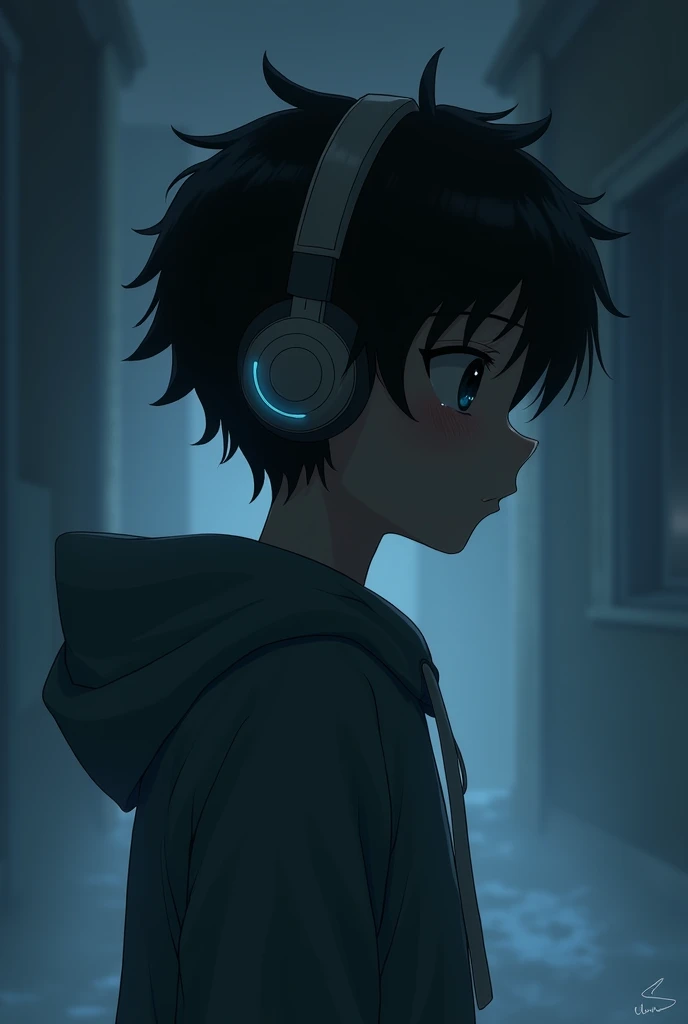 One sad anime boy that with head phone