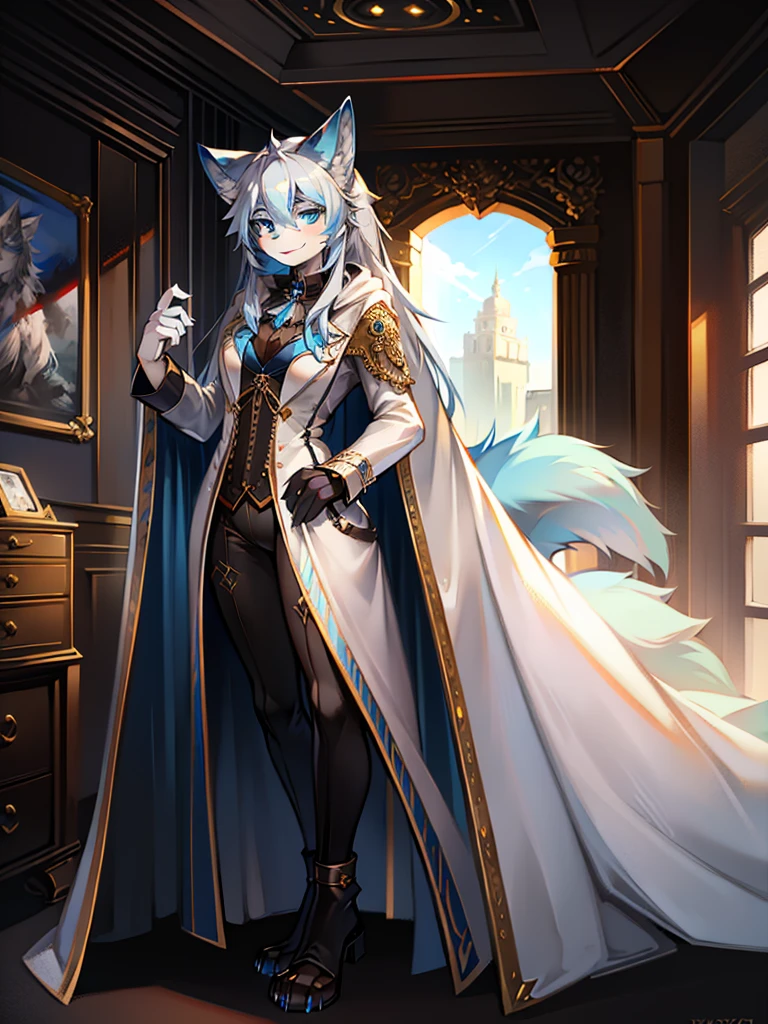 In steampunk style,Big-tailed wolf,blue color eyes,grey long hair,Modern white coat