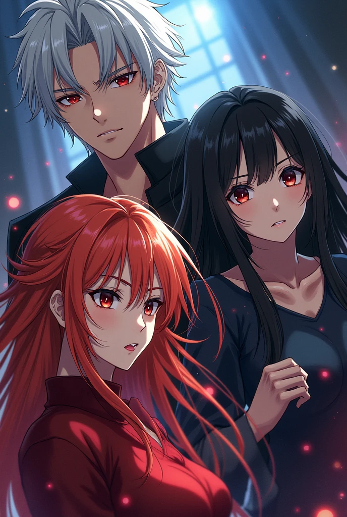 Web novel anime layer.
Man with white hair and red eyes, red-haired woman, blonder woman, woman with black hair and a wicked face in the background.