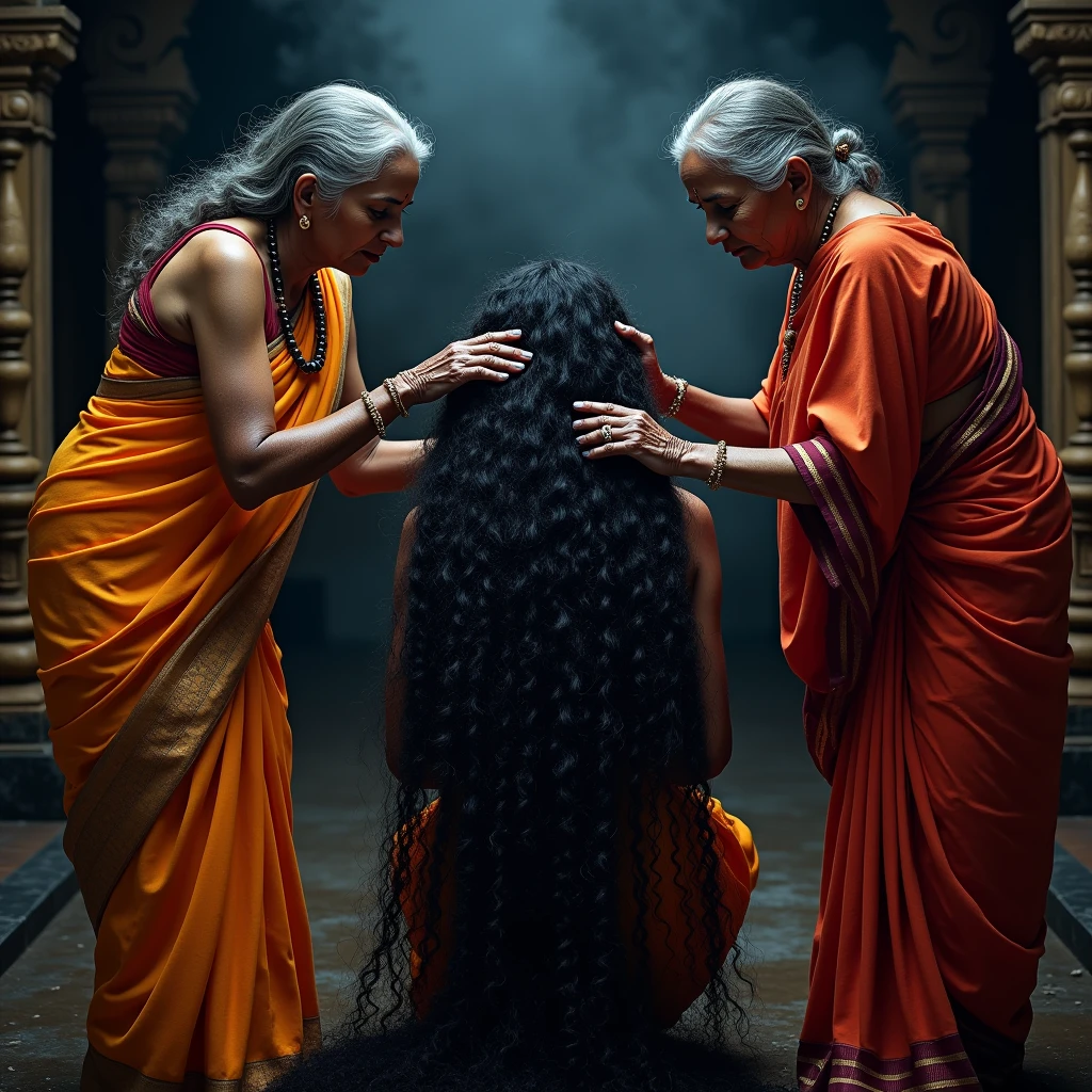 An unusual yet intriguing scene set within the sacred precincts of an ancient Indian Kali temple. Three eldery aged Indian ladies, adorned in vibrant, traditional sarees, stand out against the dark, mystical backdrop. Their unnaturally black, 3C curly hair, reminiscent of coiled springs, draws the eye with its inexplicable sheen and volume. Each strand seems to have been meticulously crafted by an unseen hand, coiled and coiled a million times over until it reaches a state of surreal perfection. The hair appears to have been showered with an unimaginable amount of oil, so much so that it resembles wet pulp, saturated and absorbing the light around them. The kneeled lady in the center, with her hair cascading down her back, is the focal point as her tresses shimmer and reflect like a sea of black mirrors. The other two ladies, their own hair equally as wet and oil-soaked, lean over her from behind. With a playful yet fervent expression, they begin to lick and kiss her scalp, their movements seemingly driven by an unbridled passion. This act of intimate hair worship is both mesmerizing and slightly jarring, as their thick, curly locks, like dark waterfall of springs, bounce and sway with each tender caress. The scene is suffused with an air of strange ritual, as if the very essence of the divine is being invoked through the act of grooming and adoration. Each curl is a testament to the boundless creativity of nature, while the trio's shared experience speaks to a deep-rooted bond of sisterhood and the mysterious powers of feminine unity. The image captures a moment that is at once sensual, spiritual, and eerily beautiful, leaving the viewer to ponder the story behind this peculiar tableau.
