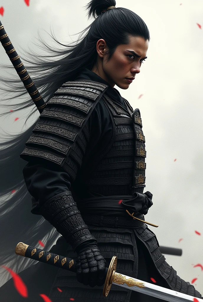 Samurai, black, holding a sword, fierce, side view