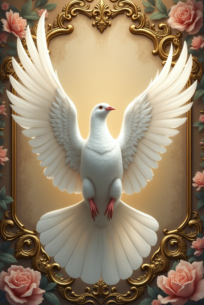 create an image of a bright white dove in 2d antique with a baroque style