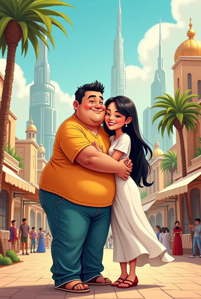 Cartoon of an overweight Latino man and an Asian woman in the United Arab Emirates hugging each other 