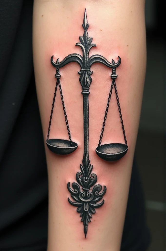 Delicate tattoo that combines the scales of justice with the mirror of Oxum.