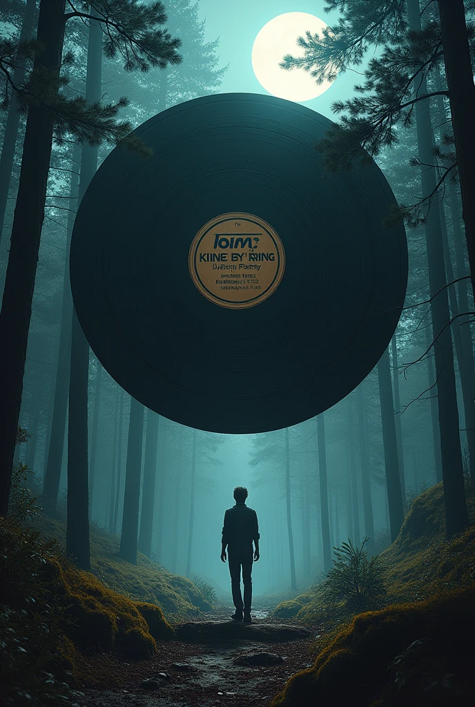 A tattoo of a vinyl record abducting a man at night in a pine forest