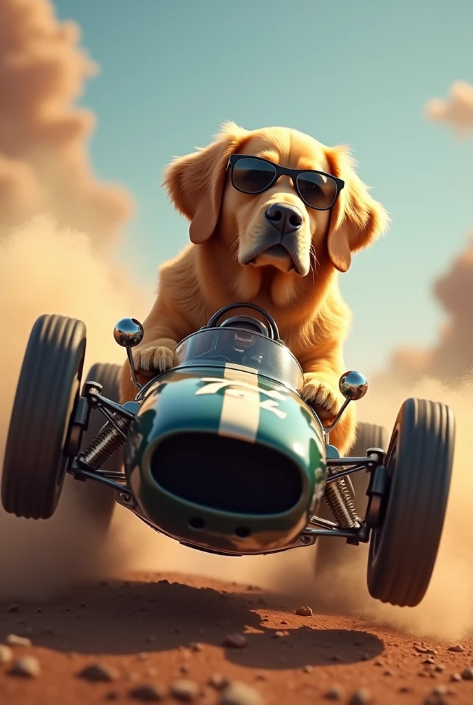 Golden Retriever、Driving a racing car、Realistic fur、Realistic、raw、Photorealistic、Super detailed、high resolution、high quality、High resolution、drift、sunglasses、A car is jumping over a jump ramp、