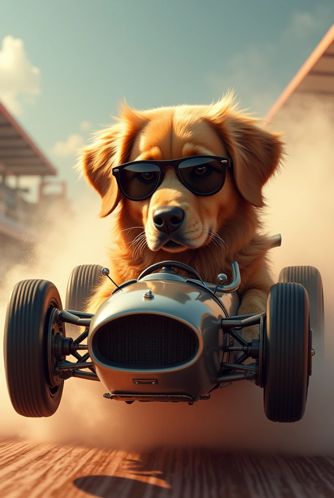 Golden Retriever、Driving a racing car、Realistic fur、Realistic、raw、Photorealistic、Super detailed、high resolution、high quality、High resolution、drift、sunglasses、A car is jumping over a jump ramp、