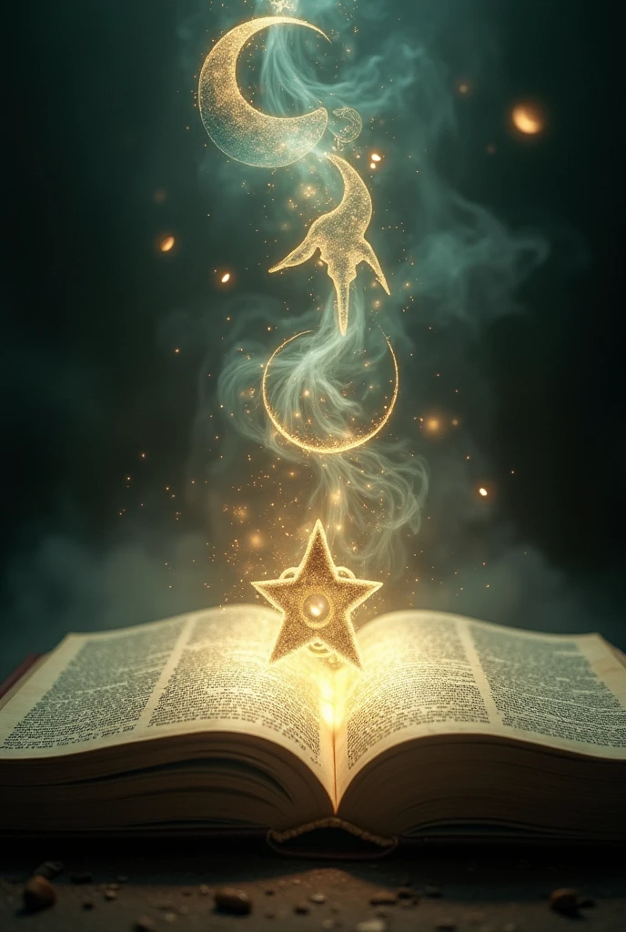 A surreal and mystical scene where the pages of the Bible start to come alive, revealing intricate symbols and ethereal images floating above the text. These symbols include ancient signs, swirling light patterns, and ghostly figures, all subtly interconnected, suggesting a deeper, hidden meaning. The background is dark, with a faint glow emanating from the symbols, casting a soft light that creates an atmosphere of mystery and revelation. The viewer should feel as though they are witnessing the unveiling of profound truths that challenge and transform their understanding of faith and life.






