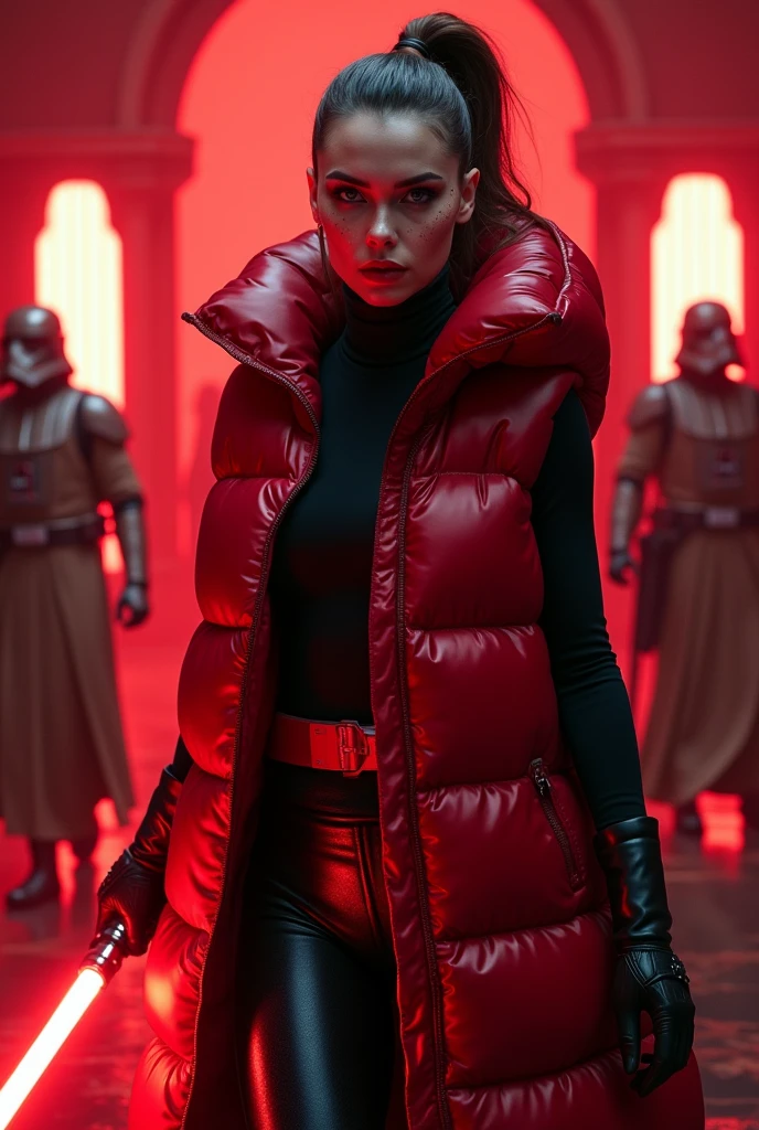  a slim ponytail  angry sith wielding her bright lightsaber, she is walking in room full of jedi,beautiful detailed bright red-colored eyes,beautiful freckles,beautiful detailed lips,extremely detailed eyes and face,longeyelashes, wearing beautiful detailed skintight airtight covering-head hooded armored formfitting duvetica overfilled overinflated shiny hyper gleamy  thick hyper glossy puffer-vest covering over  her padded high-collared sealed puffer-jacket, glossy latex  leggings,symmetrical,masterpiece,cinematic,lifelike,hyperrealistic,8k,photorealistic,highly detailed,intricate,exquisite,elegant,beautiful,stunning