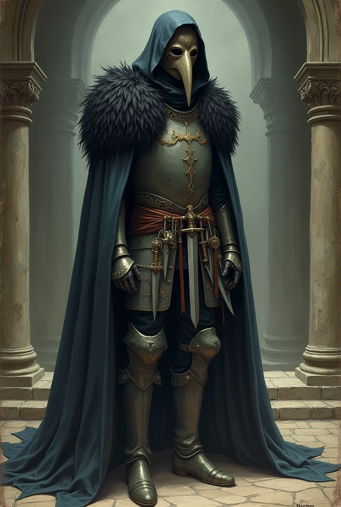 Create an RPG character with an old-fashioned drawing-style illustration with light medieval armor, a long black feather cape that reaches to the ankles, He wears an ancient plague doctor's mask and on his belt are 5 daggers and a short sword.