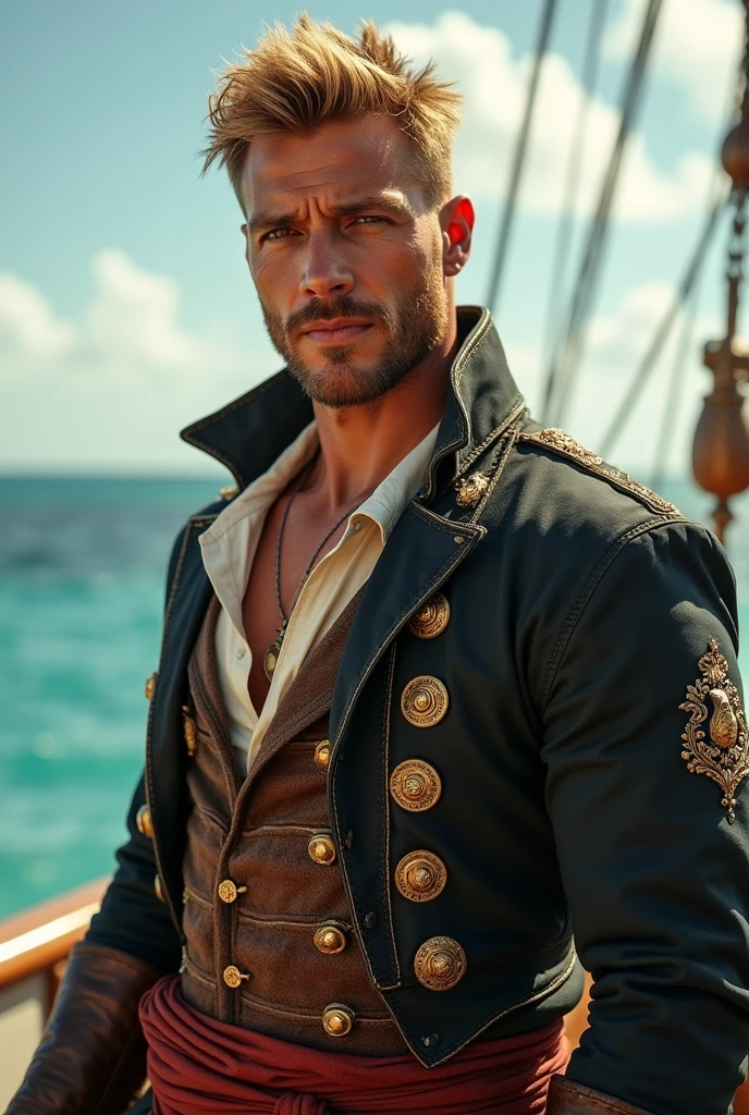 Attractive man, Pirate dress, Tanned with short golden blonde hair with short beard