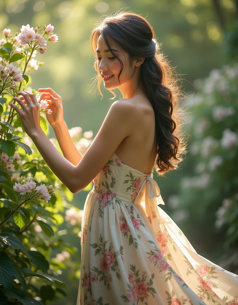 Dress the model in a flowing, floral mini dress or a delicate romper that complements the lush, natural surroundings. Position her amidst blooming flowers and greenery, perhaps with her hands gently brushing against the petals or her body slightly turned to capture the gentle sway of the dress. Employ dappled sunlight filtering through the foliage to create a dreamy, ethereal effect, using a reflector to ensure even lighting and highlight her features amidst the soft, natural light.