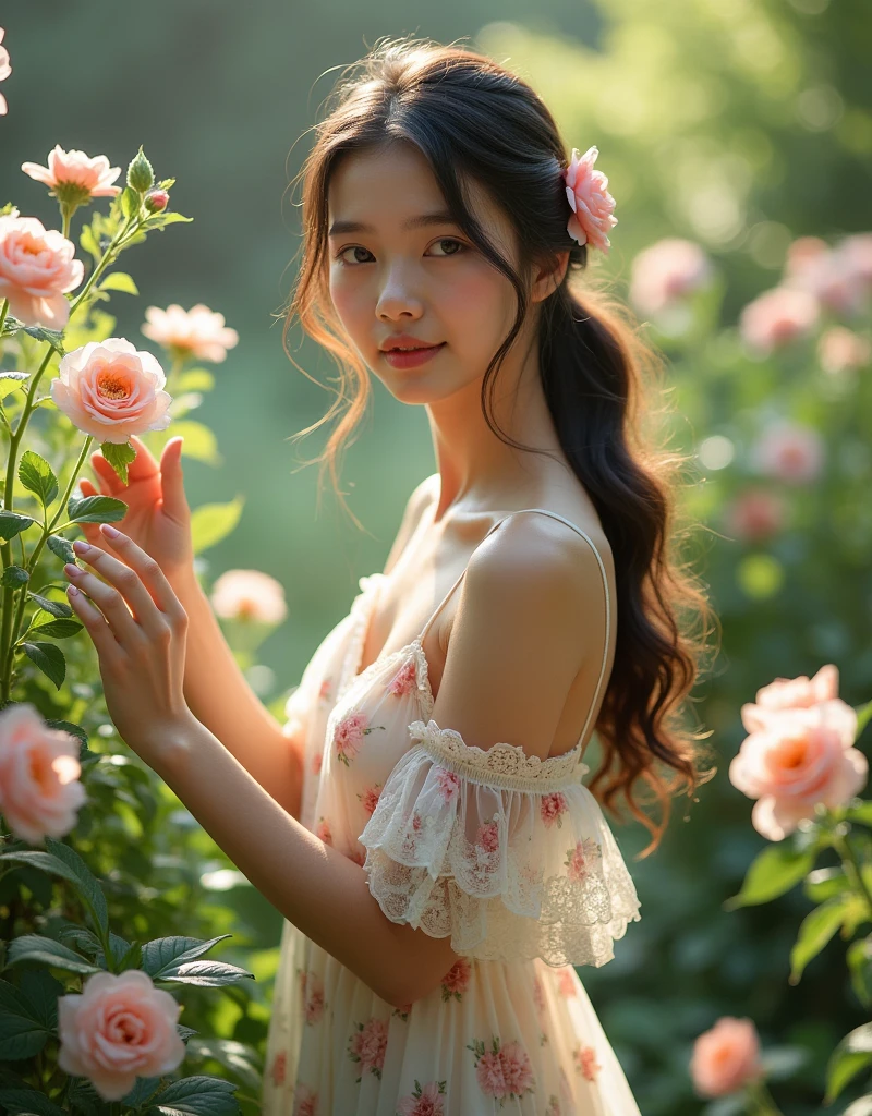 Dress the model in a flowing, floral mini dress or a delicate romper that complements the lush, natural surroundings. Position her amidst blooming flowers and greenery, perhaps with her hands gently brushing against the petals or her body slightly turned to capture the gentle sway of the dress. Employ dappled sunlight filtering through the foliage to create a dreamy, ethereal effect, using a reflector to ensure even lighting and highlight her features amidst the soft, natural light.