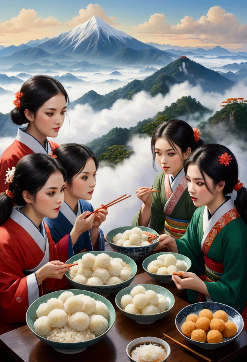 Numerous girls eating rice balls, mountains in a sea of clouds