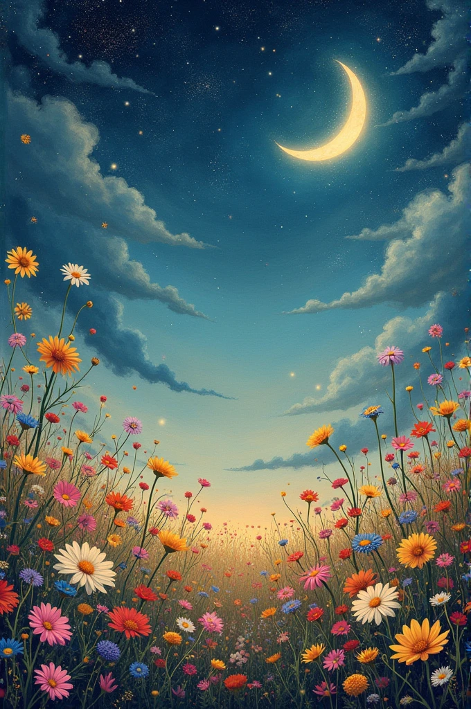 wildflower field, Abstract night sky and moon decoration, Vintage Floral Canvas Art