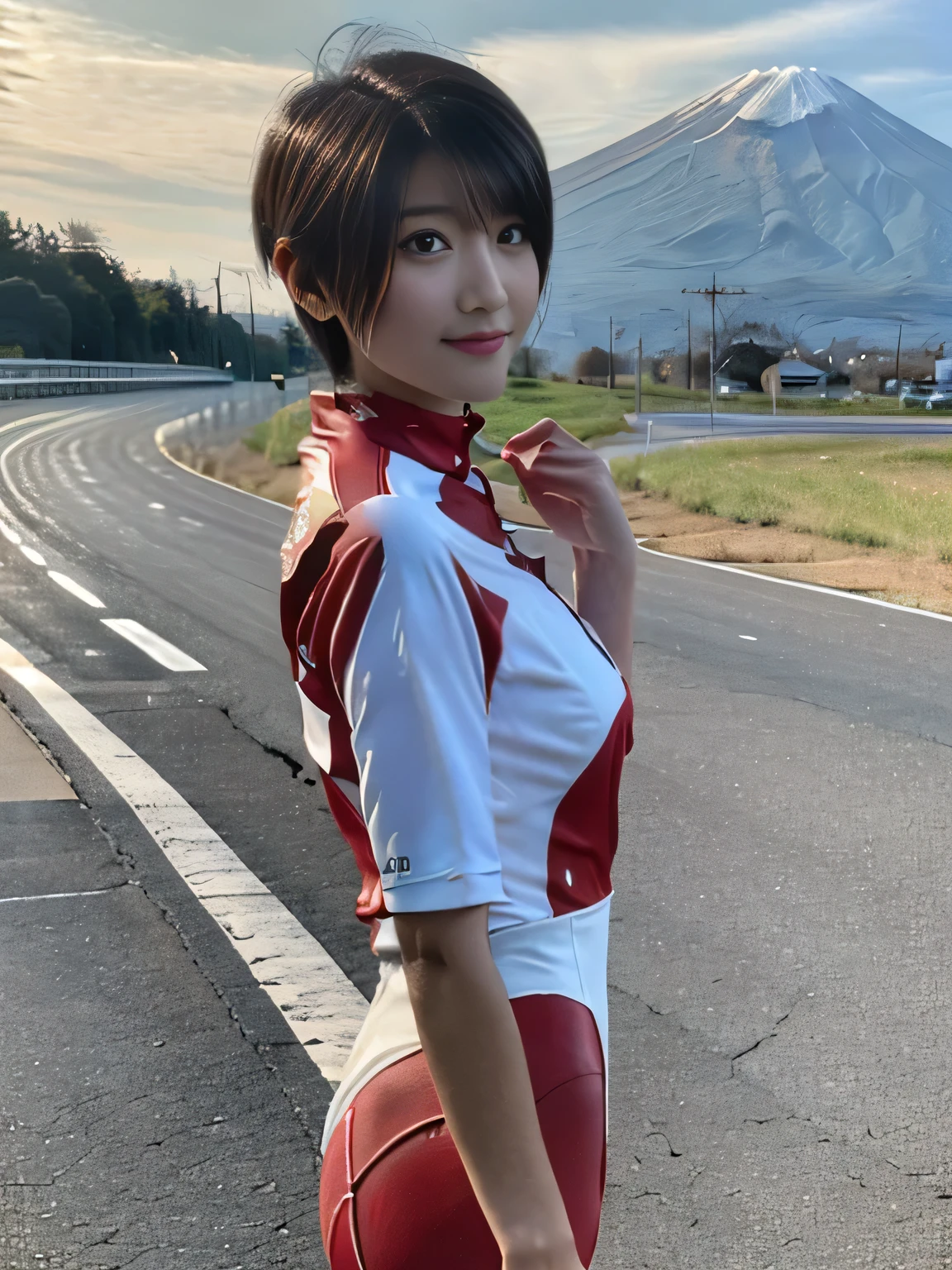 20 year old Japanese beauty,One Woman、Muscular body like a bodybuilder、Accentuate your breasts、Long, narrow eyes、Full body image up to the toes,Bust is very very large、Mt. Fuji in the background、High quality photos、clear, Clear image of the lower body、Masterpiece 8k、smile、from the front, From the side, From the back, wait.々What camera angle to shoot from、Glossy satin outfit、Clothing that covers the whole body、Wearing a road bike racing suit、Ride a road bike