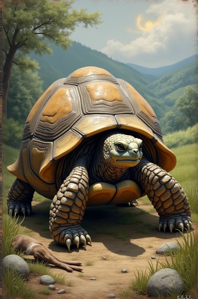 A rough oil painting of a persevering and faithful turtle With faith to tle Lord above and the defeated hare lying on the background