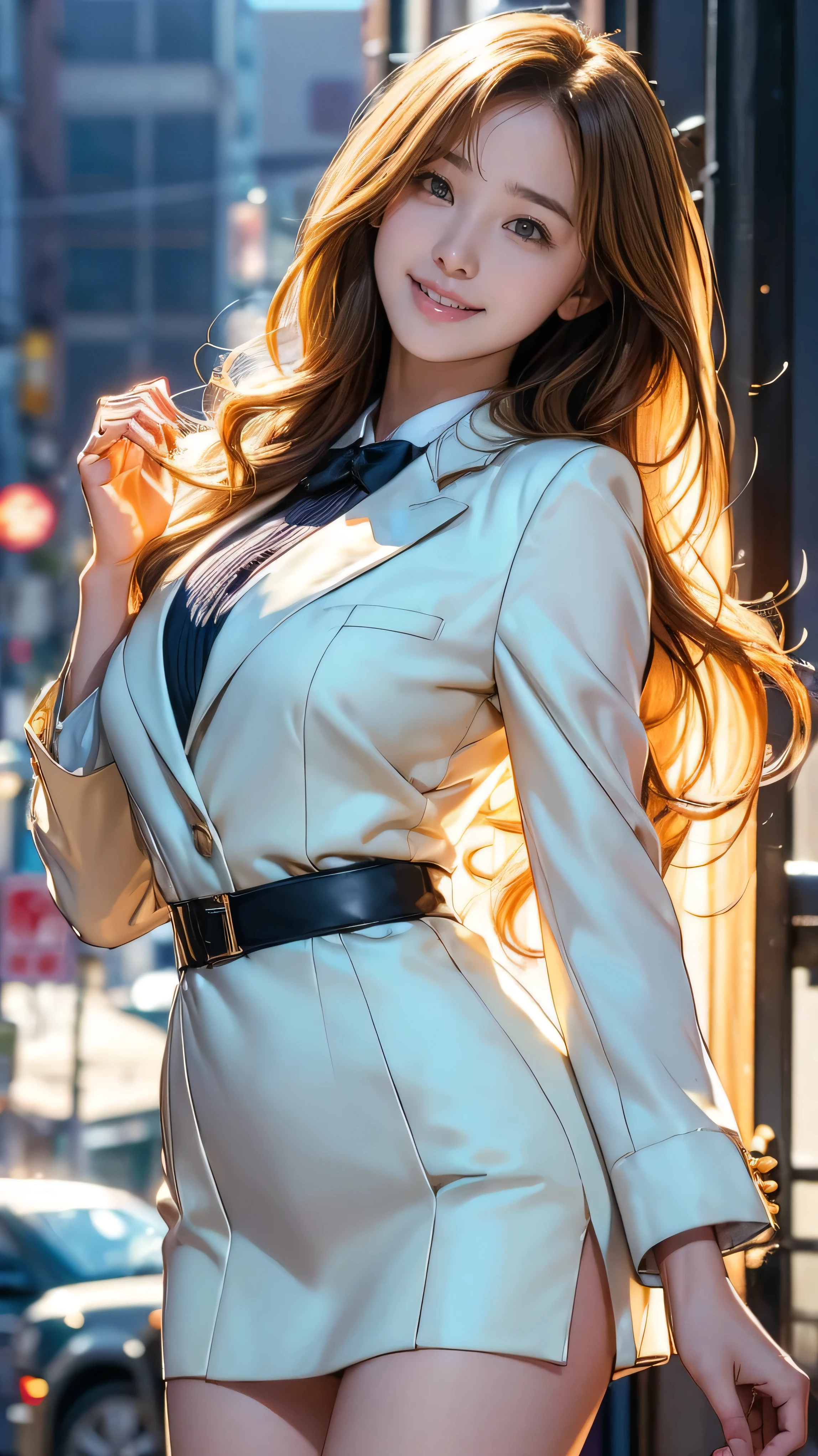 (Very detailed, Realistic, Highest quality, 4K, 8k, High resolution, masterpiece:1.3), An attractive flight attendant with a graceful and elegant figure. Erin Anderson is tall and slender, long, Long, wavy, golden blonde hair styled in loose curls. Long hair that reaches down to the buttocks.She has attractive, friendly, bright green eyes.. She wears a provocative silk uniform, White vertical ruffle silk blouse、Pair it with a blazer jacket, Short flared skirt, Black high heels, Silk scarf,(Long hair that reaches down to the buttocks:1.5)((とてもlong髪))((Smile、Embarrassed smile))、((In the hustle and bustle of town:1.4))((Sing with your hands wide open、Sing with your mouth wide open、Walking quickly towards me))