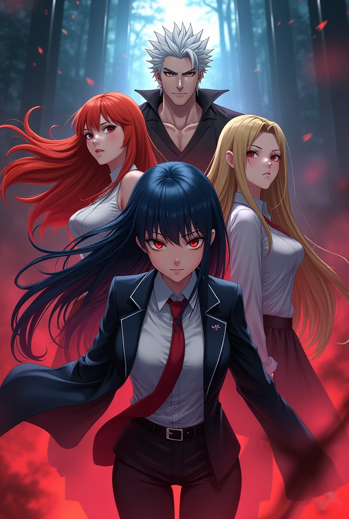 Web novel anime layer.
Man with white hair and red eyes, red-haired woman, blonder woman, woman with black hair and a wicked face in the background.