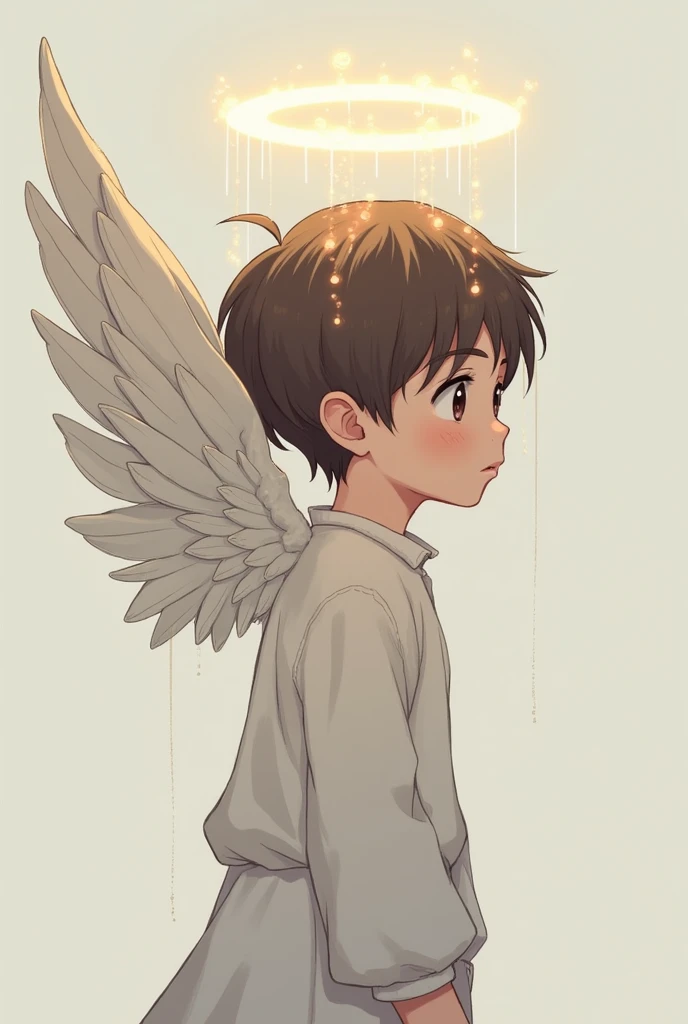 A 1 boy , angel, brun, a dripping halo and a skeletal wing. Anime style 