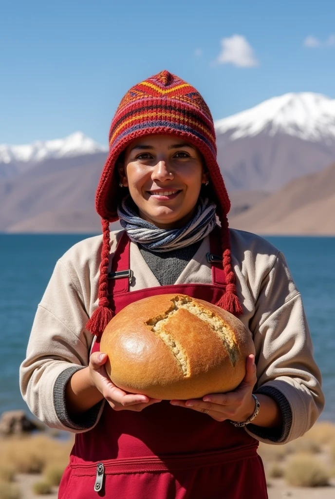 
artisanal bread from Puno in Peru for social networks image with the background of Lake Titicaca, baker with indigenous highland chullo presenting the bread
