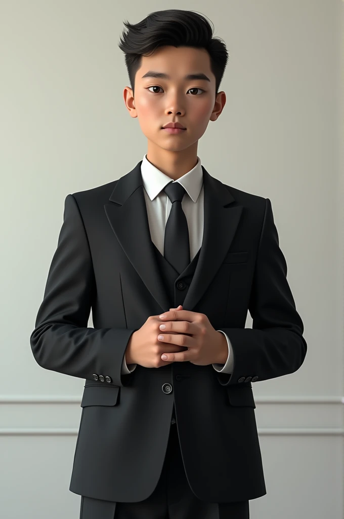 A boy in a suit is looking at the camera