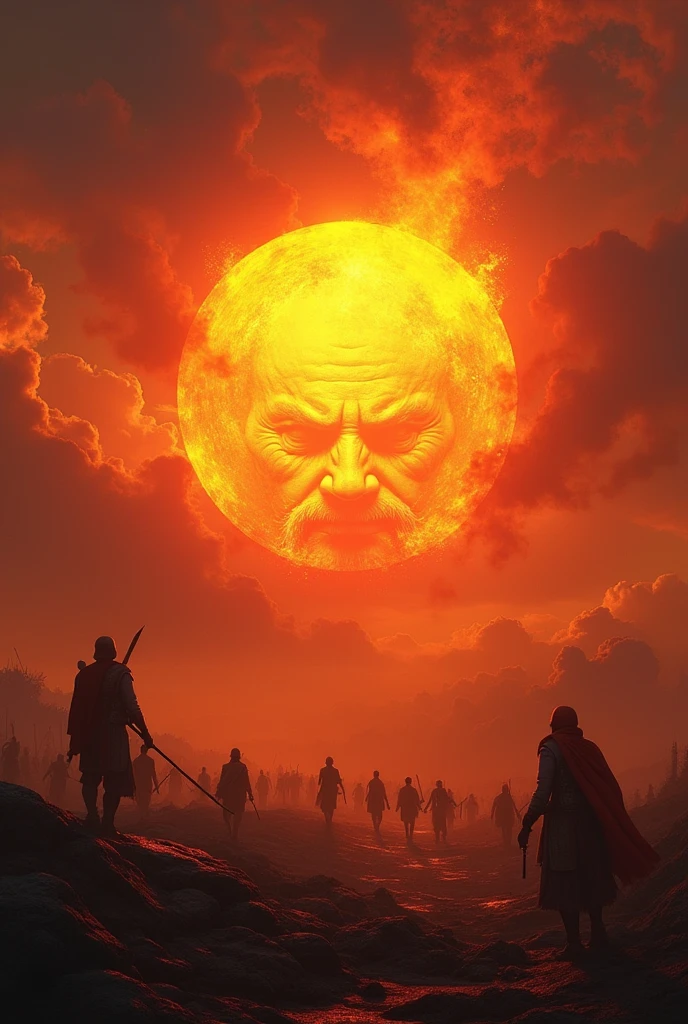 Sunset in a mahabharat war background without any other person , the sun should in a human head size in a photo
