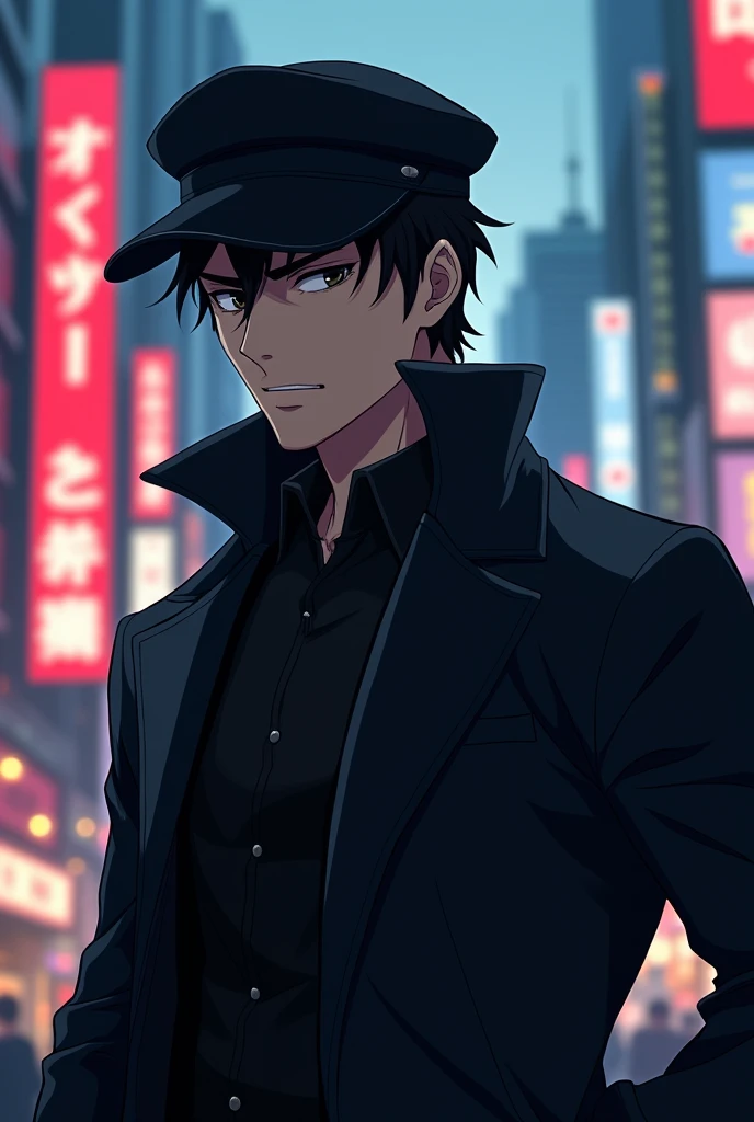 Spy male news reporter wearing Black coat with black cap anime
