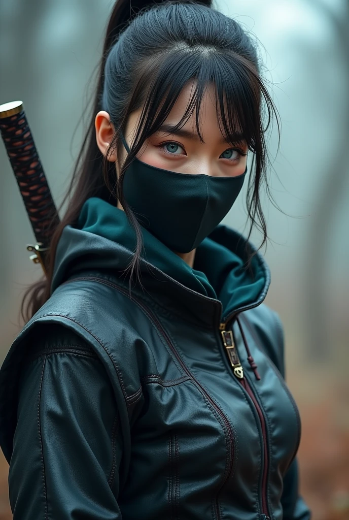 superhero, modern super hero costume, ninja, ninja costume, ninja mask on the face, With a Chinese sword, Jin sword,with a Chinese sword, Beautiful Chinese woman, 20 years old, with blue eyes, Chinese woman with bangs, courageous character, Kind, Brave, determination, on the battlefield, atmospheric perspective, Motion blur, 8k, super detailing, Best quality, uhd, high detail