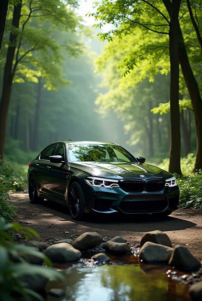 describe the black bmw m5 cs in the beautiful nature