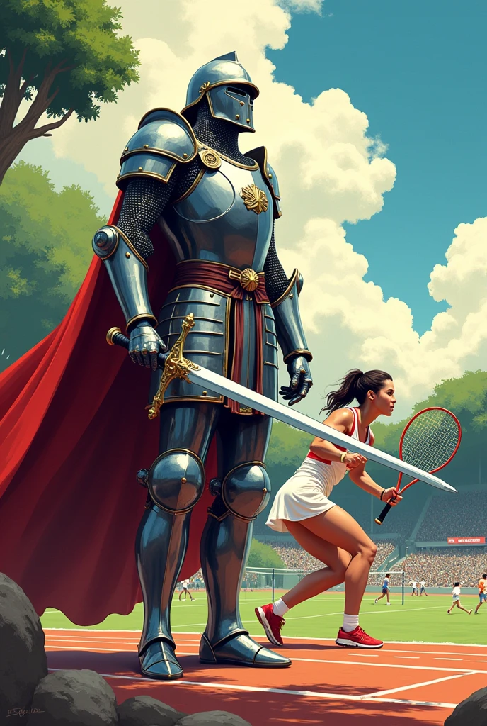 Create a comic sheet with the characters of a medieval knight,
 tennis player and javelin player