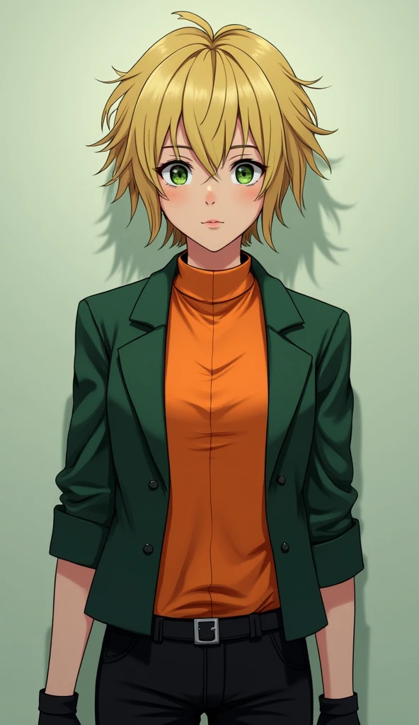 (best quality),female,solo,short hair,blond messy hair,green eyes,frown,orange shirt,half sleeves, lapel jacket,dark_green jacket,black pants,finger_less gloves,Science fiction,ultra-detailed,sharp focus,aesthetic