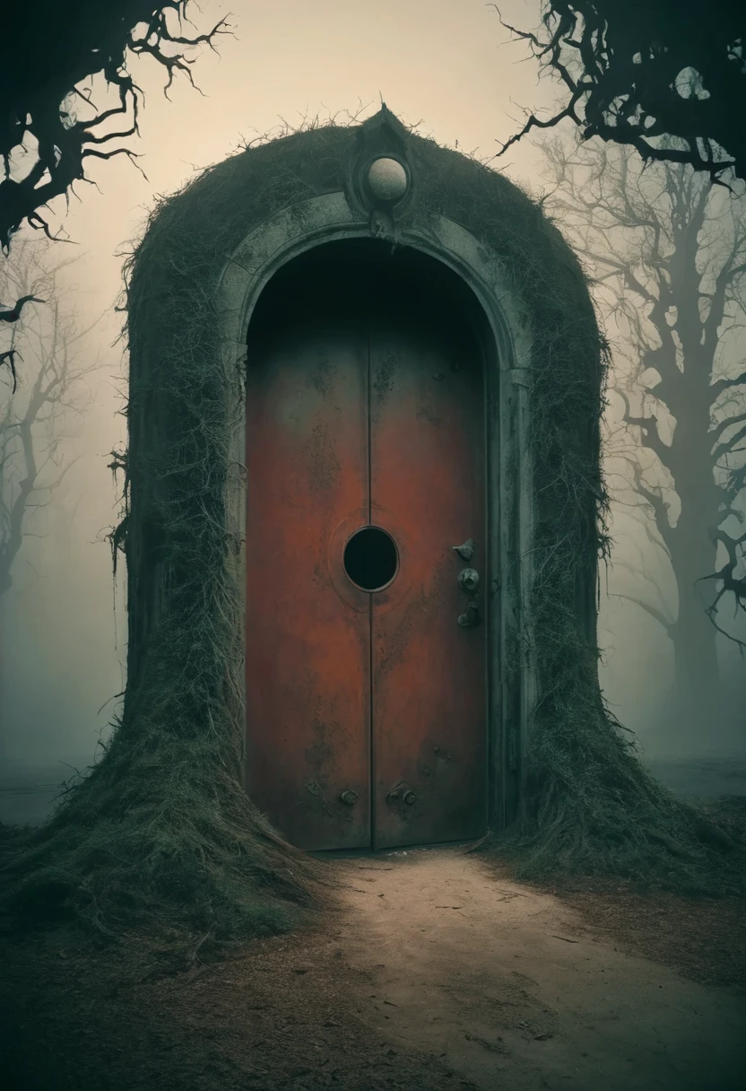 A massive, old steel door, surrounded by dilapidated, overgrown structures, stands in a gloomy, abandoned area. The door is rusted and bears the markings of “SCP-004”, with 12 different keyholes on the front. In the background are eerie, Misty trees and the faint glow of a setting, blood red moon to see. A strange, unnatural glow radiates from a slightly opened gap in the door, and dark shadows seem to slowly move out.