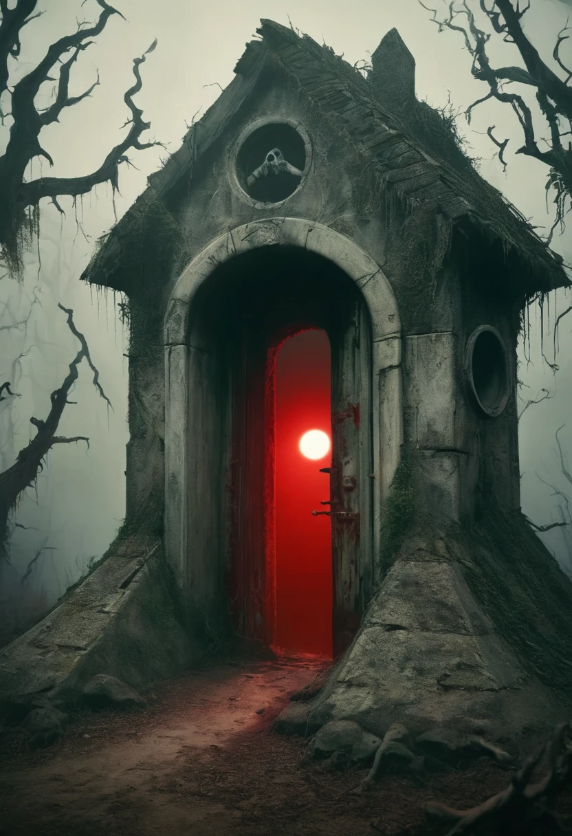 A massive, old steel door, surrounded by dilapidated, overgrown structures, stands in a gloomy, abandoned area. The door is rusted and bears the markings of “SCP-004”, with 12 different keyholes on the front. In the background are eerie, Misty trees and the faint glow of a setting, blood red moon to see. A strange, unnatural glow radiates from a slightly opened gap in the door, and dark shadows seem to slowly move out.